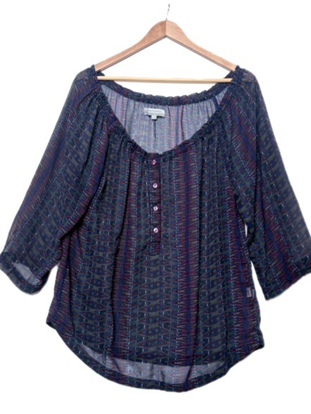 World Market Sheer Aztec Geometric Print Ruffle Scoop Neck Top Womens Size S/M
